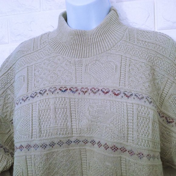 Vintage 80s Basic Editions Oversize Mockneck Tunic Sweater Lady-M Hearts Beige - Picture 4 of 9